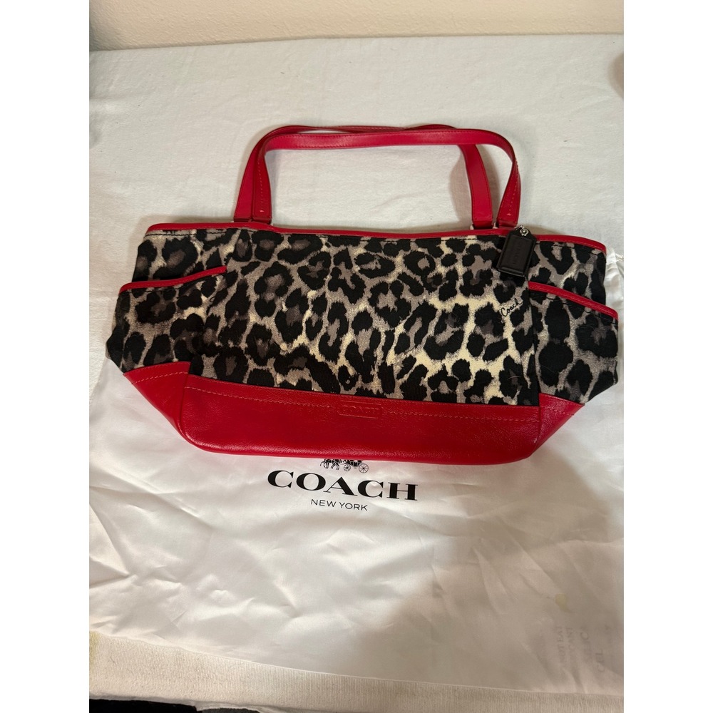 Coach Ocelot Leopard Print Canvas Red Leather Trim Tote Bag Handbag